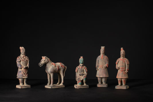 20CM Painted Five Piece Set - CLAYARMY-Close-up shot highlighting the hand-painted precision on Clayarmy's 20CM Painted Terracotta Warrior and Horse collection.