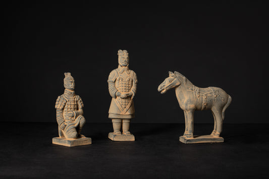20CM Three Piece Set - CLAYARMY-Artistic portrayal of the 20CM Terracotta Warriors and Horse Trio, capturing the essence of Qin Dynasty's imperial grandeur.