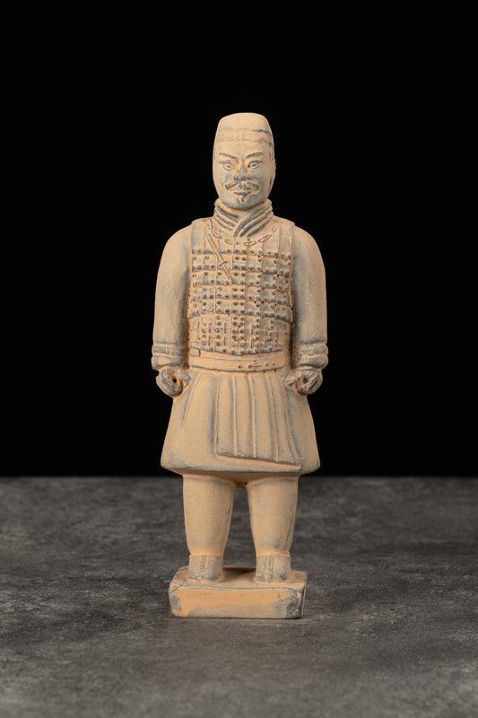 15CM Cavalryman - CLAYARMY-Detailed front view of the 15CM Terracotta Army Cavalryman figurine, showcasing intricate armor and unique flat bun hairstyle.