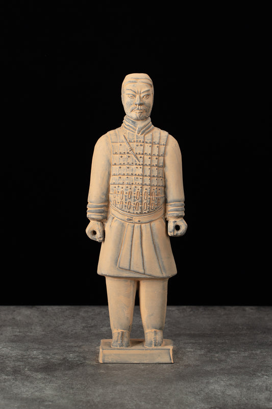 25CM Cavalryman - CLAYARMY-Front view of the 25CM Terracotta Army Cavalryman figurine, featuring a detailed flat bun, knee-length jacket, and leather boots.