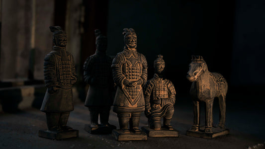 Artistic portrayal of the 15CM Terracotta Warriors and Horse Ensemble, capturing the essence of Qin Dynasty's imperial grandeur.
